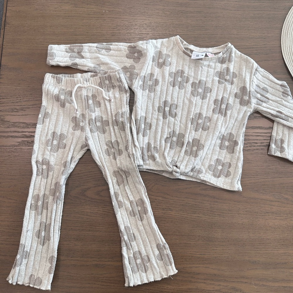 zara Beige Floral Knit Sweater and Pants Set